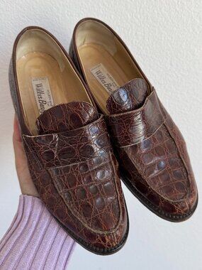 Wilkes Bashford Penny Loafers 6.5 Brown Crocodile Leather Lug Sole Made in Italy